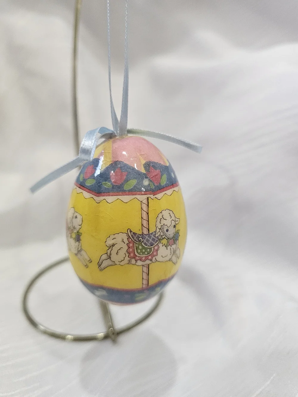 Vintage Paper Mache Yellow Lamb Carousel Hanging Easter Egg